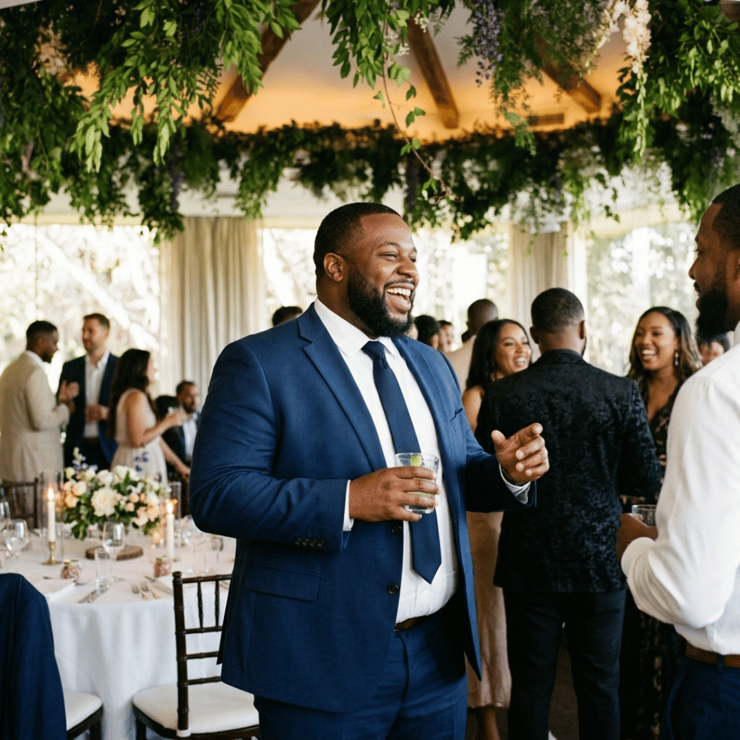 Man in a blue suit holding a glass, surrounded by people at a formal event with greenery and tables in the background.