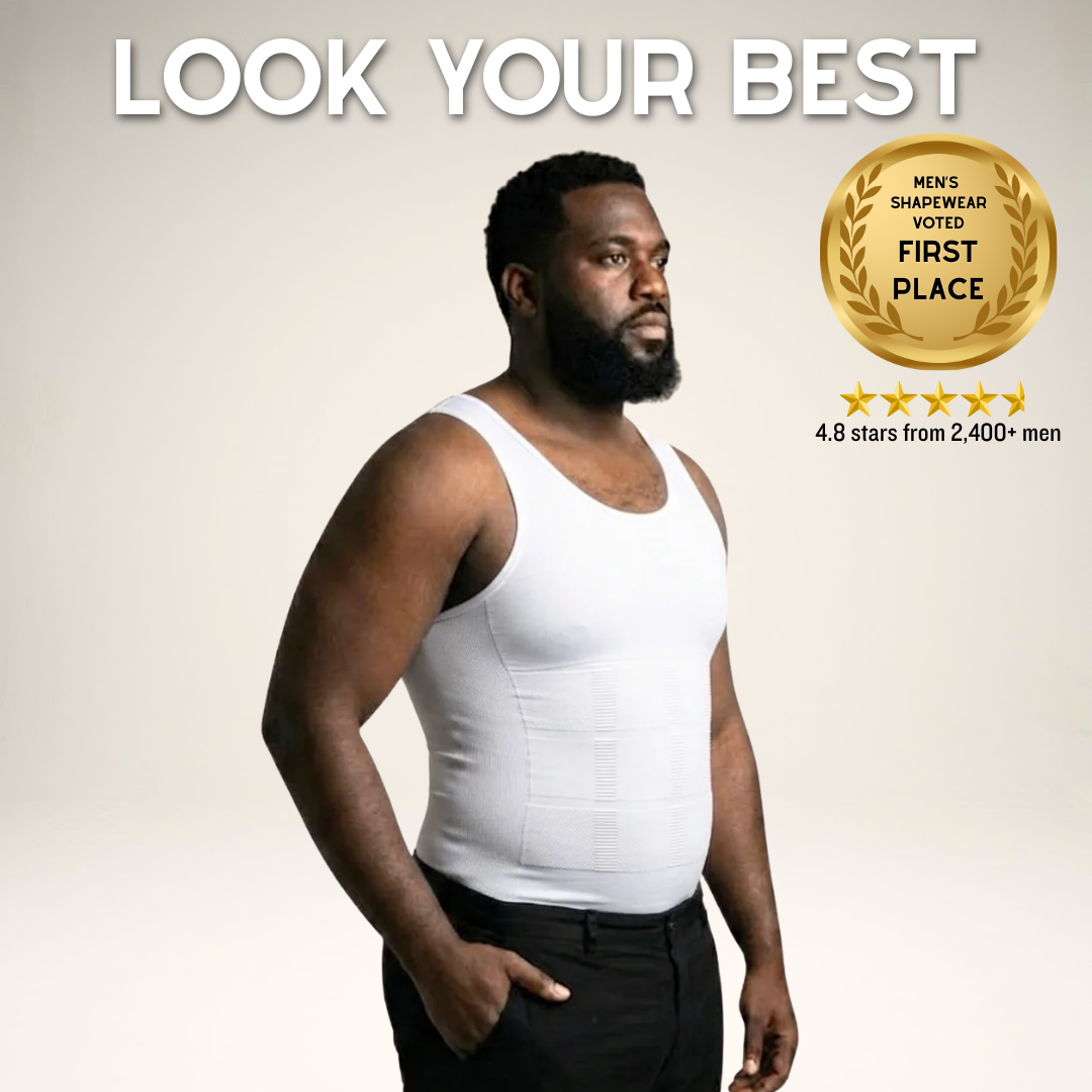 Man wearing a white compression garment with text 'Look Your Best' and award badge on a beige background