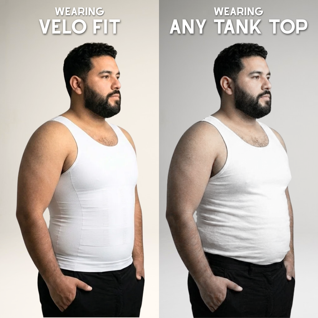 Comparison of a man wearing a white tank top labeled 'Wearing Velo Fit' versus 'Wearing Any Tank Top' on a plain background.