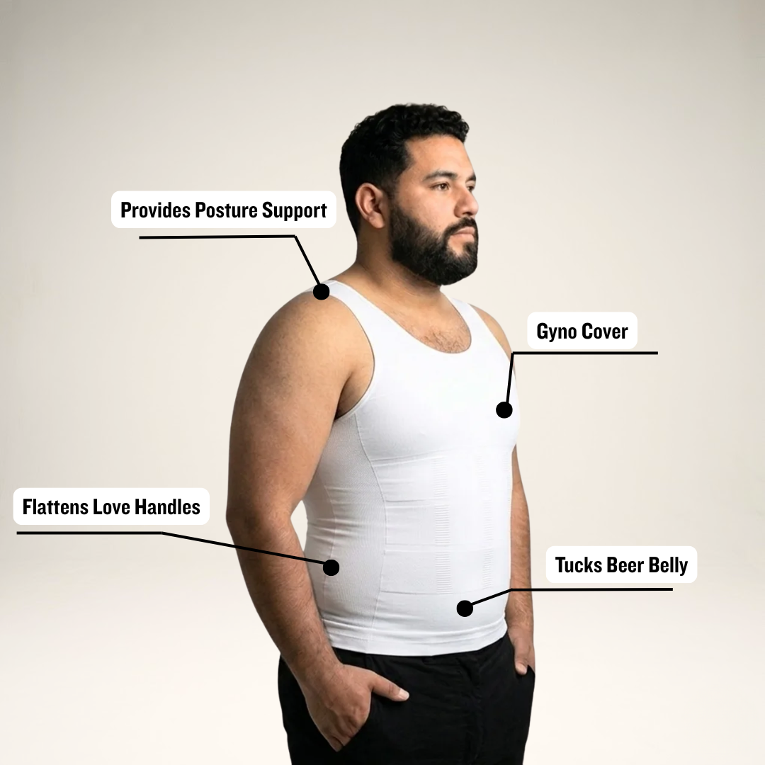 Man wearing a white compression garment with labeled benefits on a beige background