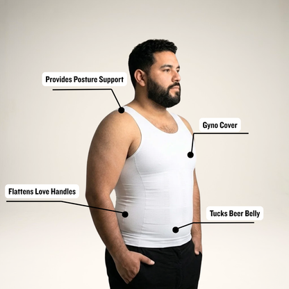 Man wearing a white compression garment with labeled benefits on a beige background