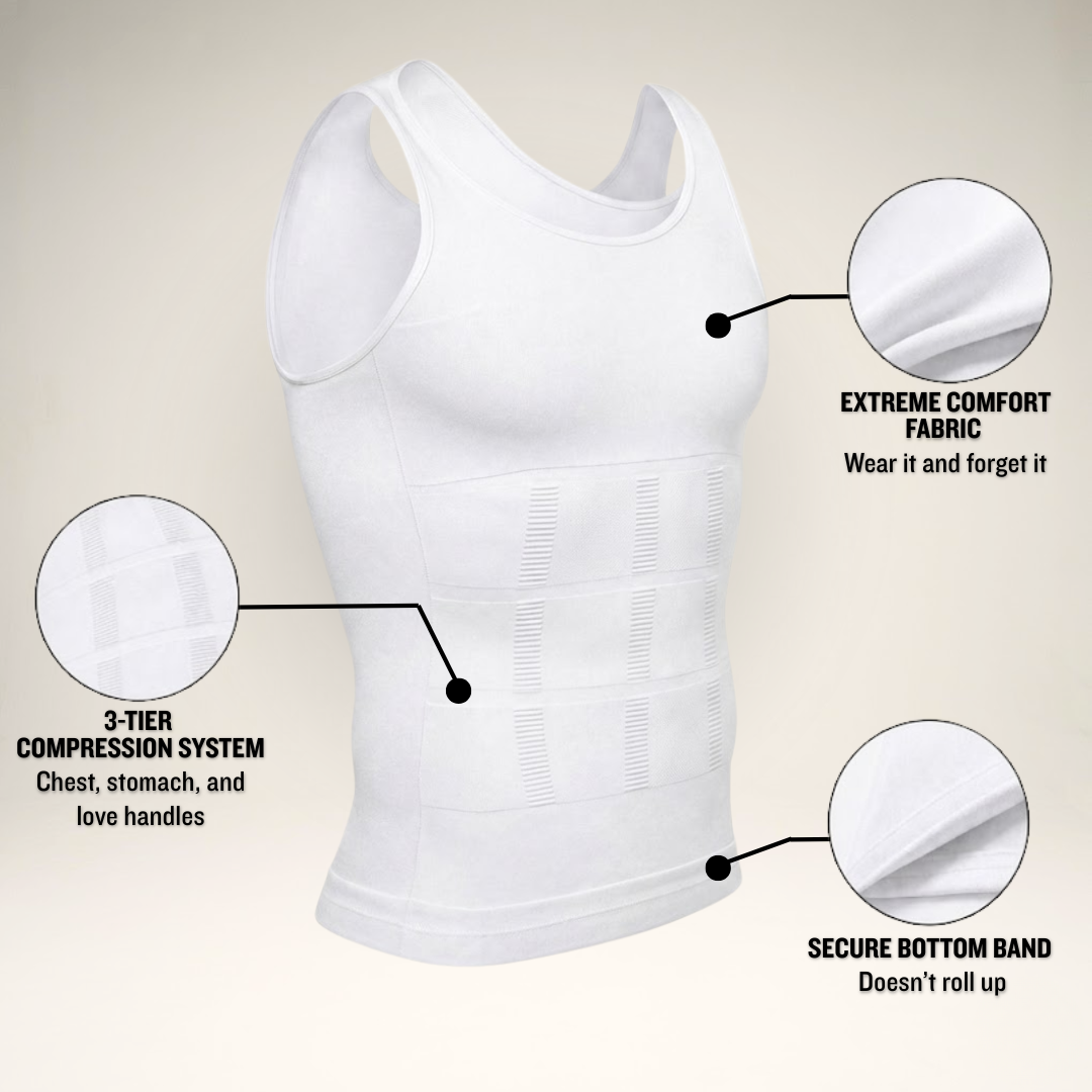 White compression tank top with features highlighted on a beige background