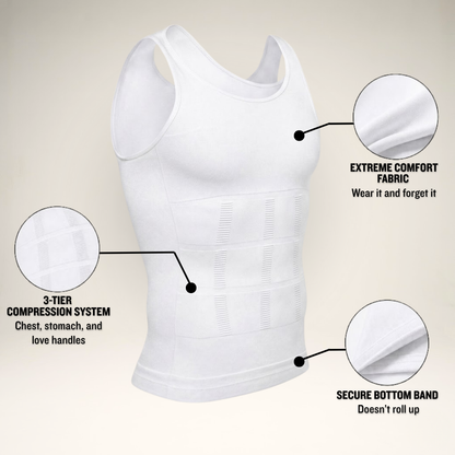 White compression tank top with features highlighted on a beige background