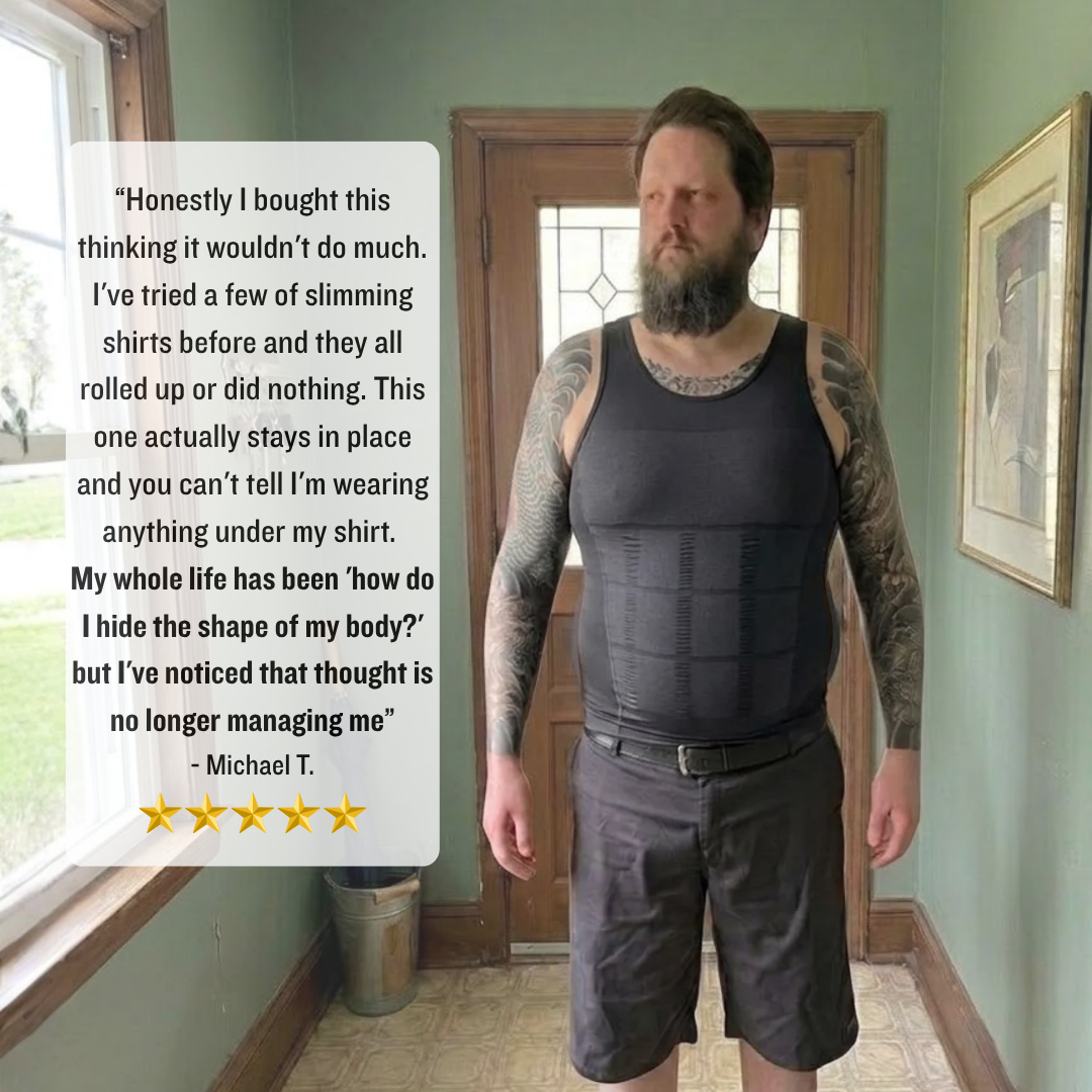 Man wearing a black compression shirt with text overlay about product satisfaction.